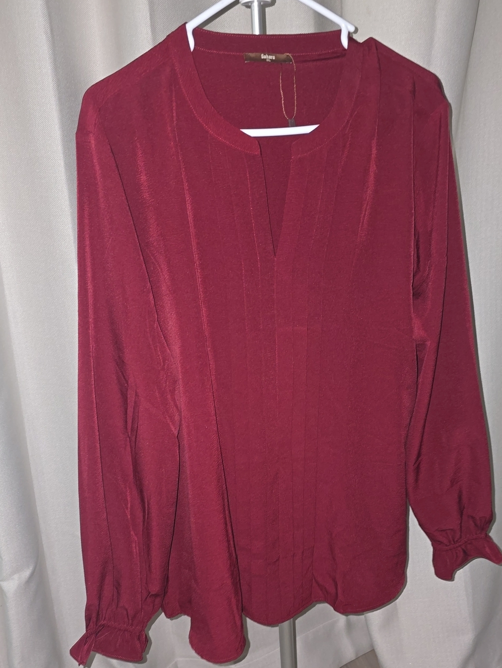 Women's Burgundy Long-Sleeve Pleated Blouse